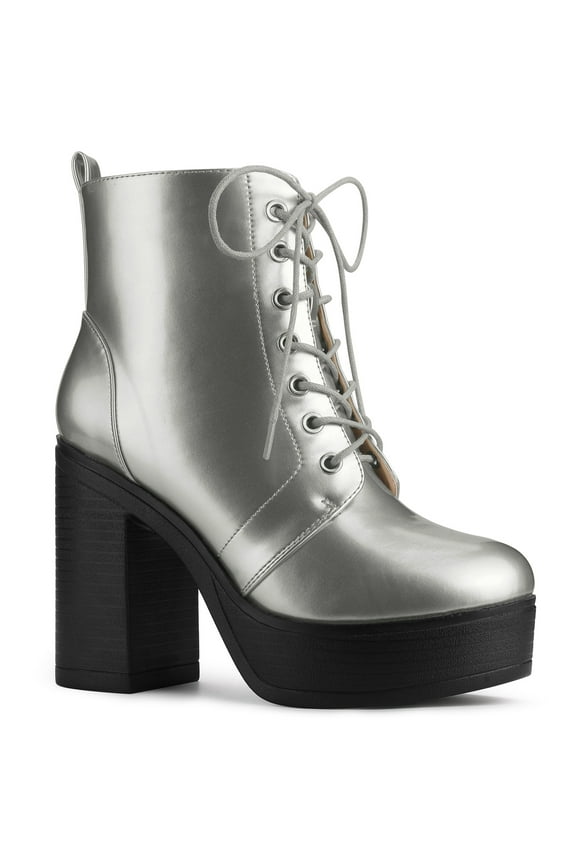Women's Boot Side Zip Platform Chunky Heel Combat Boots Silver 10
