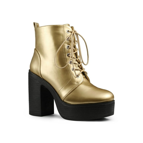 BLISSFUL STEP Women's Boot Side Zip Platform Chunky Heel Combat Boots Gold 10