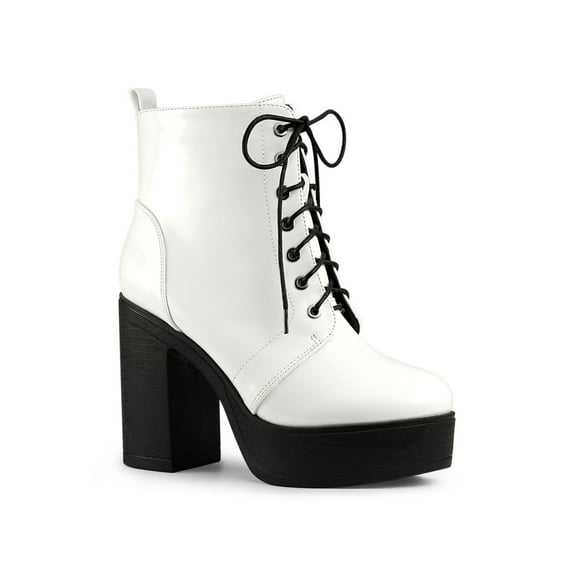 BLISSFUL STEP Women's Boot Side Zip Platform Chunky Heel Combat Boots White 6