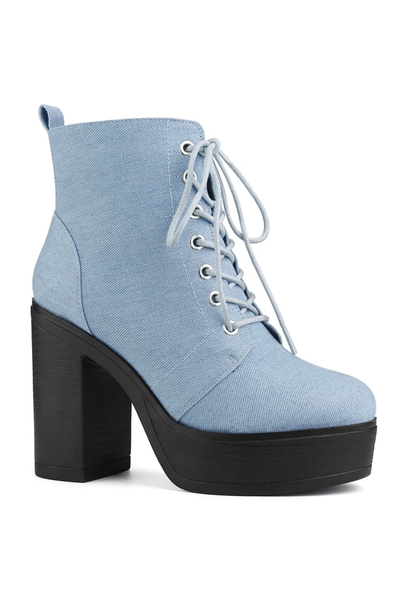 Women's Boot Side Zip Platform Chunky Heel Combat Boots Denim Blue 9