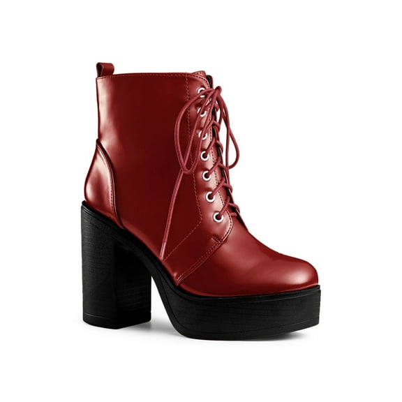 BLISSFUL STEP Women's Boot Side Zip Platform Chunky Heel Combat Boots Red 9