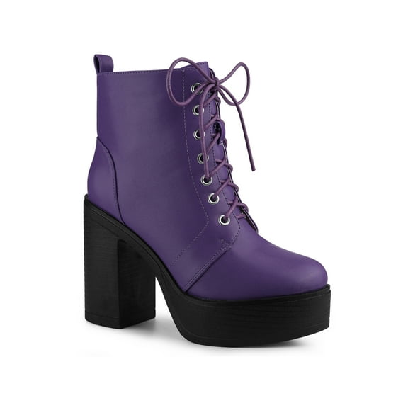 BLISSFUL STEP Women's Boot Side Zip Platform Chunky Heel Combat Boots Purple 6.5