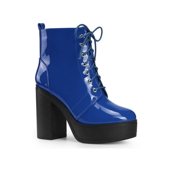 BLISSFUL STEP Women's Boot Side Zip Platform Chunky Heel Combat Boots Blue 6