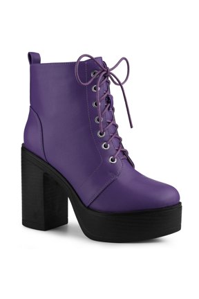 Women's Boot Side Zip Platform Chunky Heel Combat Boots Purple 9