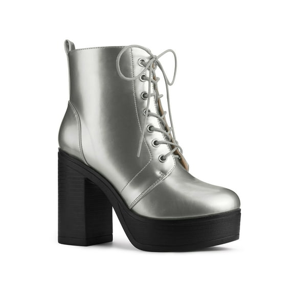 BLISSFUL STEP Women's Boot Side Zip Platform Chunky Heel Combat Boots Silver 7.5