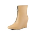 thumbnail image 1 of BLISSFUL STEP Women's Zip Pointed Toe Mid Calf Wedge Boots Khaki 7, 1 of 8