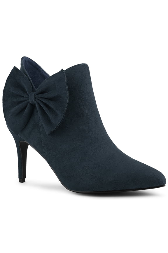 Women's Zip Pointed Toe Stiletto Bow Heels Ankle Boots Navy Blue 8