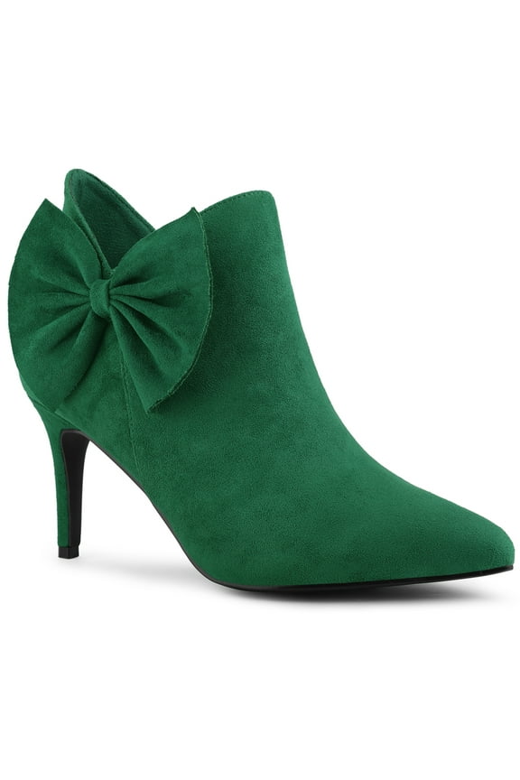 Women's Zip Pointed Toe Stiletto Bow Heels Ankle Boots Emerald Green 9.5