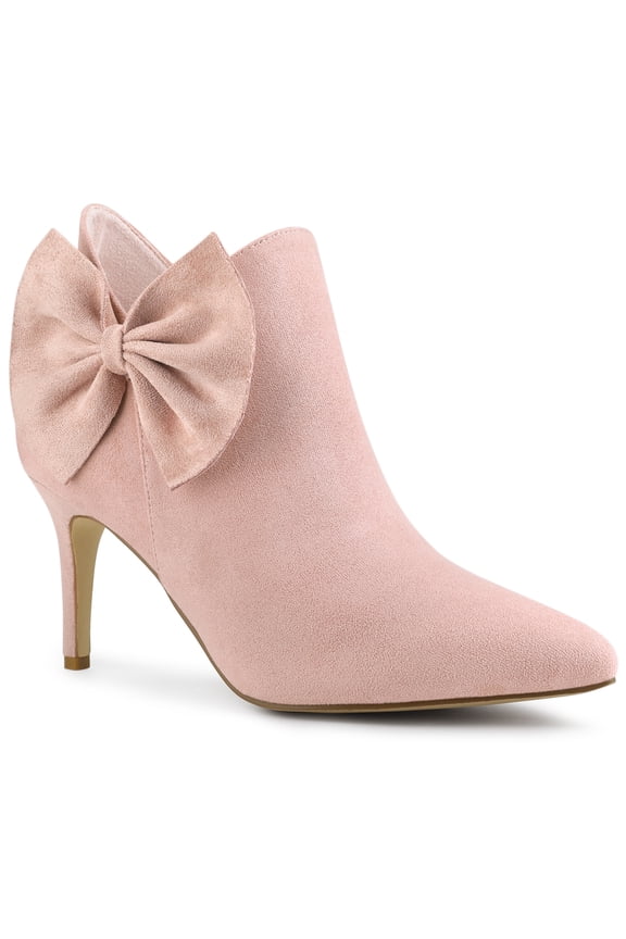Women's Zip Pointed Toe Stiletto Bow Heels Ankle Boots Dust Pink 6
