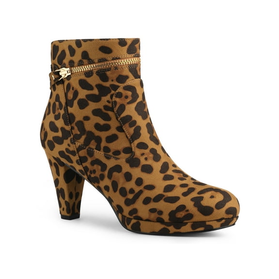 BLISSFUL STEP Women's Ankle Boots Faux Suede Round Toe Block Heel Side Zipper Dress Boots Leopard 6