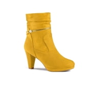 BLISSFUL STEP Women's Ankle Boots Faux Suede Round Toe Block Heel Side Zipper Dress Boots Yellow 9