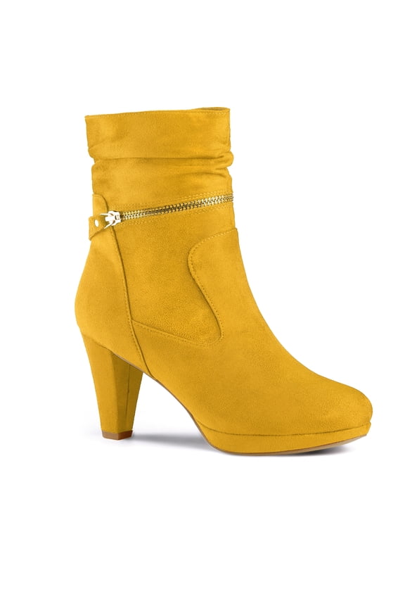 Women's Ankle Boots Faux Suede Round Toe Block Heel Side Zipper Dress Boots Yellow 9