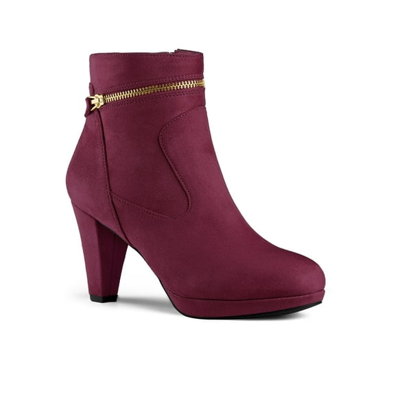 BLISSFUL STEP Women's Ankle Boots Faux Suede Round Toe Block Heel Side Zipper Dress Boots Burgundy 9