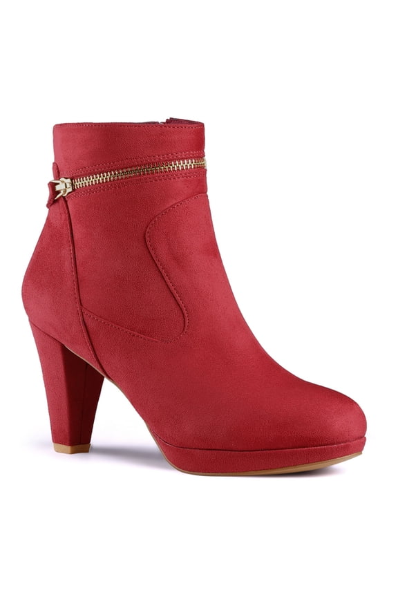 Women's Ankle Boots Faux Suede Round Toe Block Heel Side Zipper Dress Boots Red 6.5