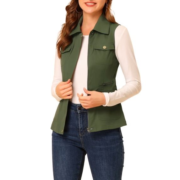 INSPIRE CHIC Women's Zip Up Jacket Sleeveless Anorak Utility Vest Jacket with Pockets M Green
