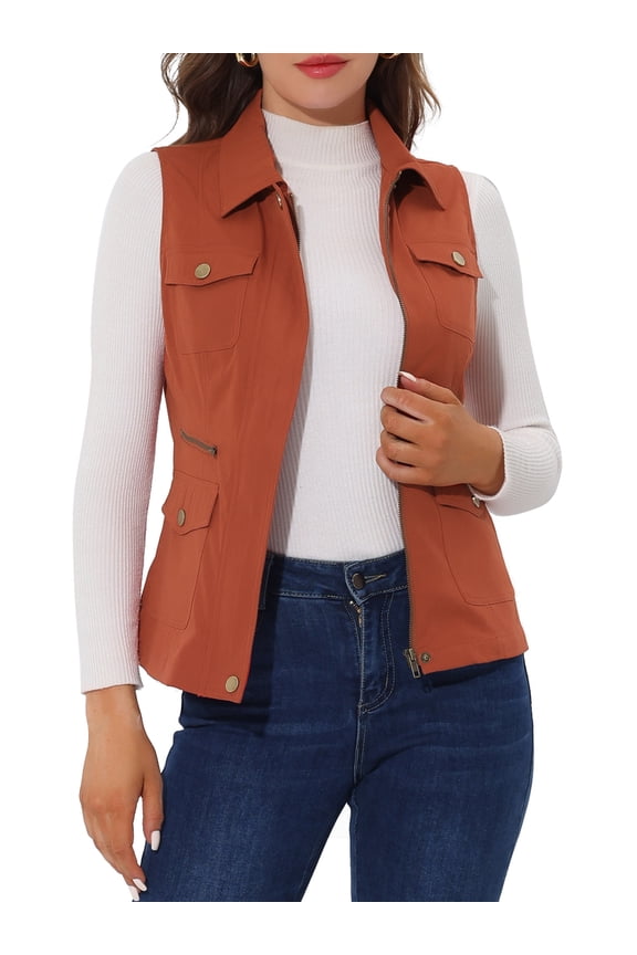 Women's Zip Up Jacket Sleeveless Anorak Utility Vest Jacket with Pockets M Orange Red