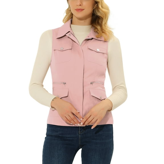INSPIRE CHIC Women's Zip Up Jacket Sleeveless Anorak Utility Vest Jacket with Pockets S Pink