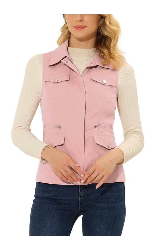 Women's Zip Up Jacket Sleeveless Anorak Utility Vest Jacket with Pockets S Pink