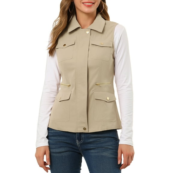 INSPIRE CHIC Women's Zip Up Jacket Sleeveless Anorak Utility Vest Jacket with Pockets XL Khaki