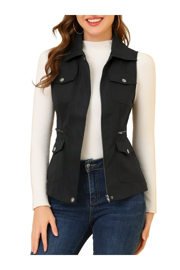 Women's Zip Up Jacket Sleeveless Anorak Utility Vest Jacket with Pockets XS Black