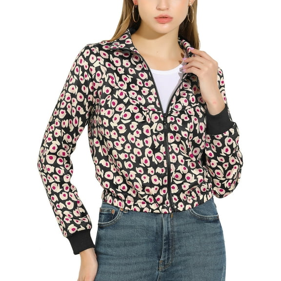 INSPIRE CHIC Women's Zip up Turn Down Collar Elastic Hem Cropped Bomber Jacket Black S