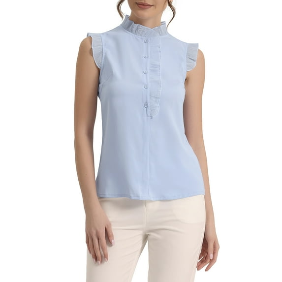 INSPIRE CHIC Women's for Sleeveless Shirt Button Up Solid Color Ruffle Summer Blouse S Light Blue