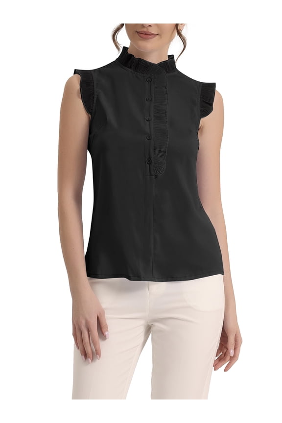 Women's for Sleeveless Shirt Button Up Solid Color Ruffle Summer Blouse S Black