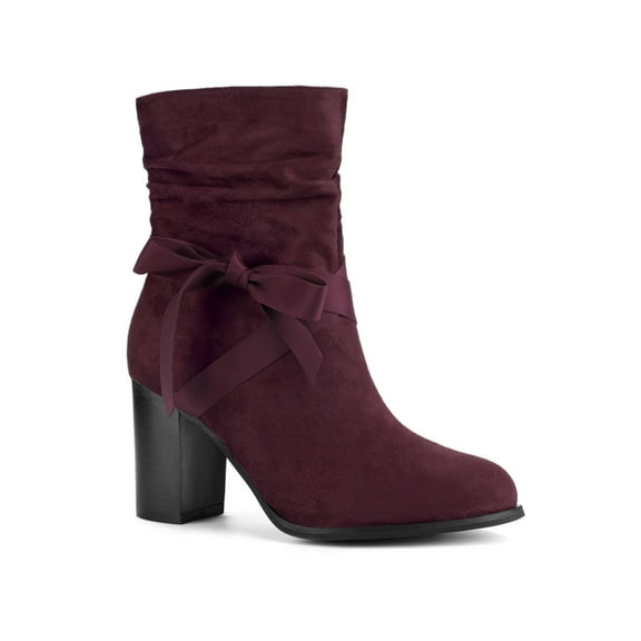 BLISSFUL STEP Women's Slouch Boots Ankle-High Block Heel Bow Decor Boots Burgundy 7.5