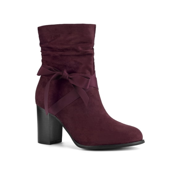 BLISSFUL STEP Women's Slouch Boots Ankle-High Block Heel Bow Decor Boots Burgundy 7
