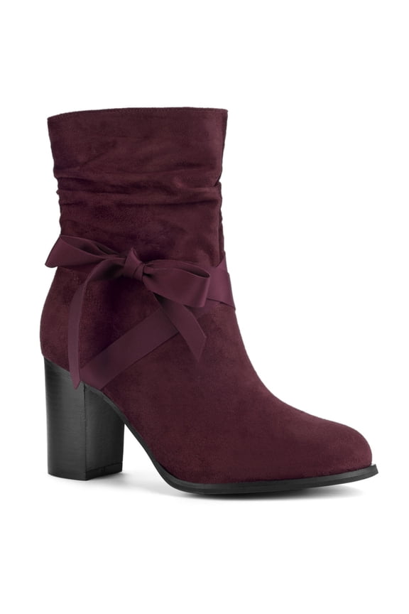 Women's Slouch Boots Ankle-High Block Heel Bow Decor Boots Burgundy 9