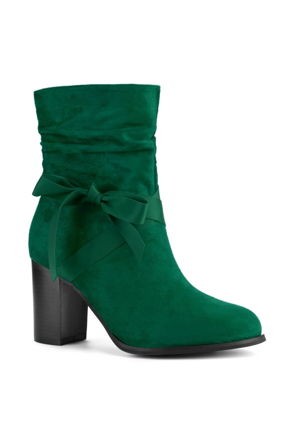 Women's Slouch Boots Ankle-High Block Heel Bow Decor Boots Emerald Green 8.5
