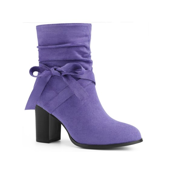 BLISSFUL STEP Women's Slouch Boots Ankle-High Block Heel Bow Decor Boots Dark Purple 6