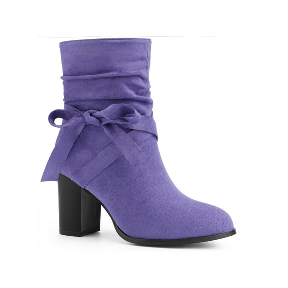 BLISSFUL STEP Women's Slouch Boots Ankle-High Block Heel Bow Decor Boots Dark Purple 8.5