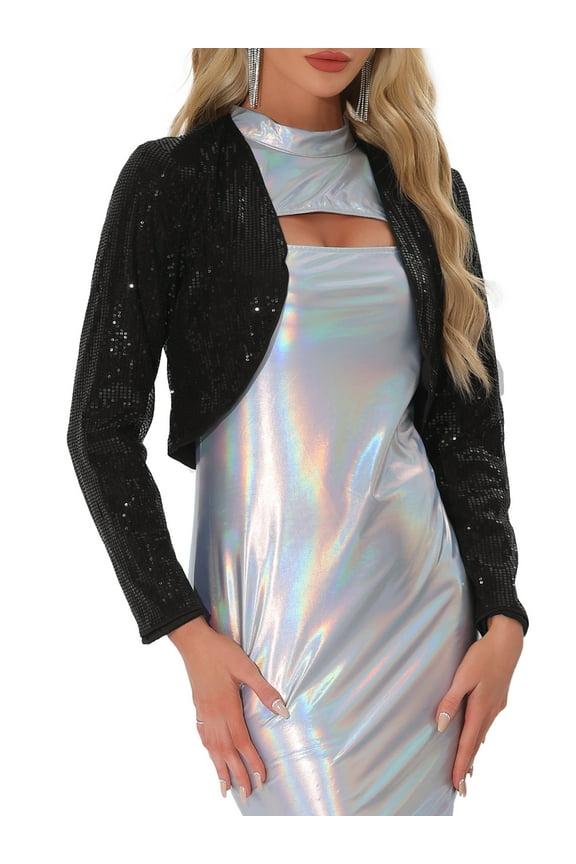 Women's Sequin Party Open Front Cropped Sparkly Bolero Shrug XL Black