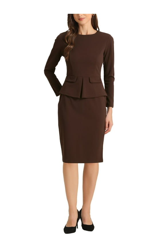 Women's Peplum Bodycon Dress Crew Neck Long Sleeve High Waisted Midi Sheath Work Dress XL Dark Brown