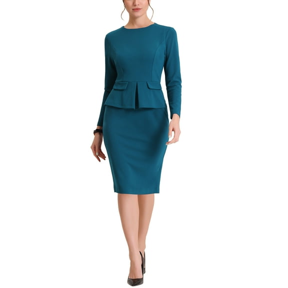 Women's Bodycon Dresses Round Neck Long Sleeve Casual Work Outfits Peplum Sheath Dress XS Lake Blue