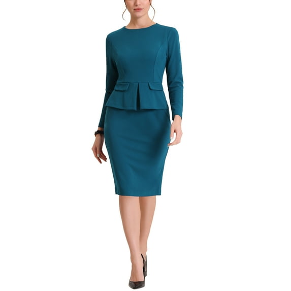 INSPIRE CHIC Women's Peplum Bodycon Dress Crew Neck Long Sleeve High Waisted Midi Sheath Work Dress XS Lake Blue