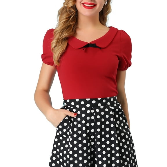 INSPIRE CHIC Womens Bow Neck Solid Short Sleeve Peter Pan Collar Blouse Casual Summer Top XL Red