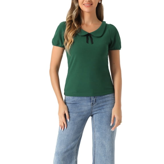 INSPIRE CHIC Womens Bow Neck Solid Short Sleeve Peter Pan Collar Blouse Casual Summer Top XS Dark Green