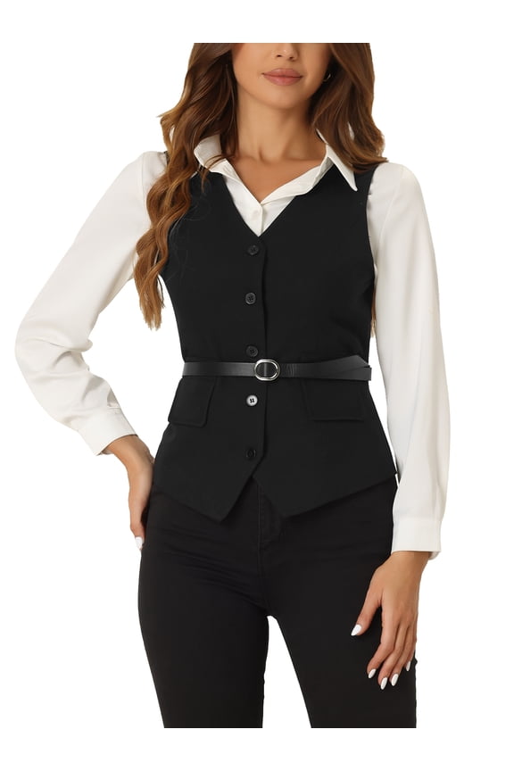 Womens' Business Formal Button Front Closure V Neck Vest with Belt Pockets
