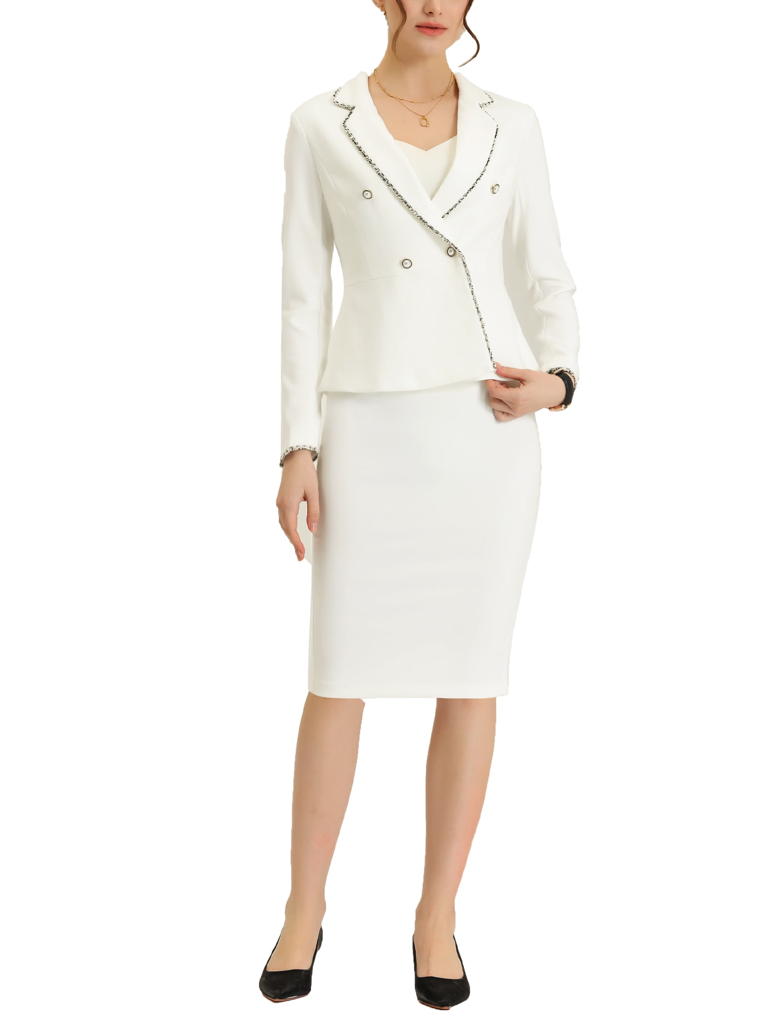 Outfit Women's Wear-to-Work Suit 2 Pieces Tweed Trim Blazer Jacket and Skirt Set XS White