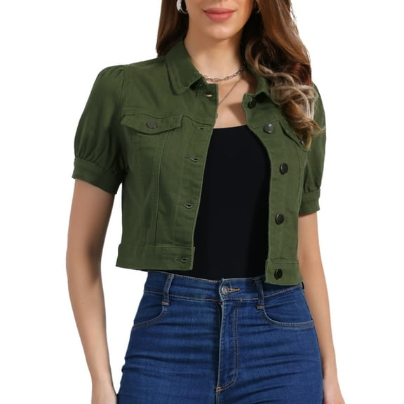 INSPIRE CHIC Womens Casual Jackets Button-Down Puff Sleeve Crop Jean Denim Jacket L Army Green