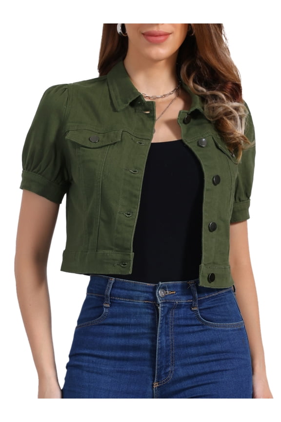 Womens Casual Jackets Button-Down Puff Sleeve Crop Jean Denim Jacket L Army Green