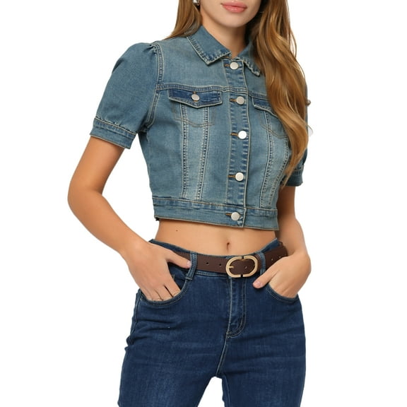 INSPIRE CHIC Womens Casual Jackets Button-Down Puff Sleeve Crop Jean Denim Jacket L Blue