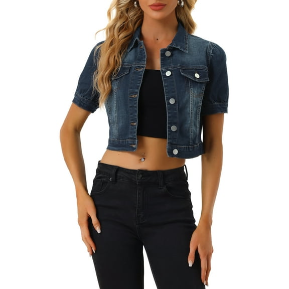 INSPIRE CHIC Womens Casual Jackets Button-Down Puff Sleeve Crop Jean Denim Jacket L Dark Blue