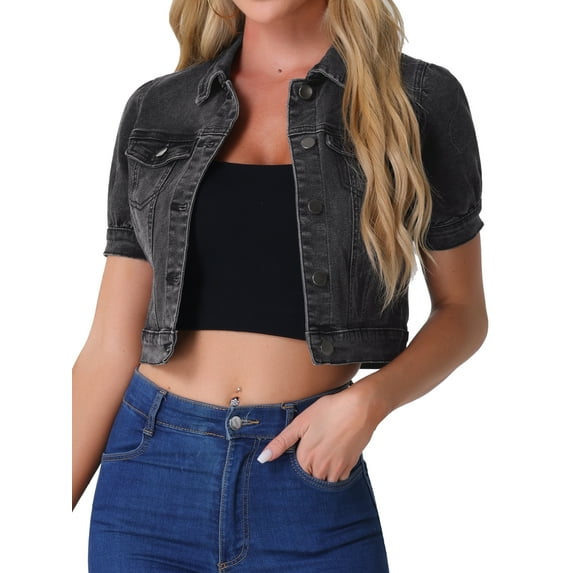 INSPIRE CHIC Womens Casual Jackets Button-Down Puff Sleeve Crop Jean Denim Jacket S Dark Gray