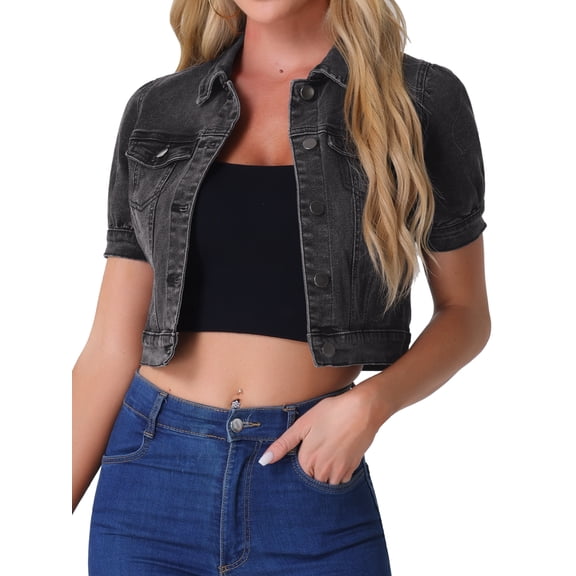INSPIRE CHIC Womens Casual Jackets Button-Down Puff Sleeve Crop Jean Denim Jacket XL Dark Gray