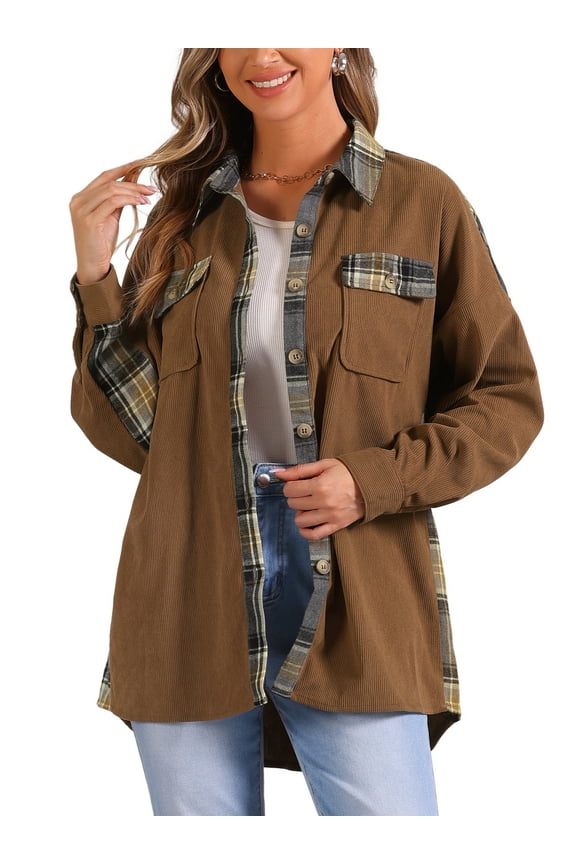 Women's Casual Plaid Patchwork Dressy Long Sleeve Button Down Waffle Shacket Jacket Dark Brown XL