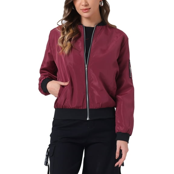 INSPIRE CHIC Women's Coat Casual Zip Up Bomber Jacket Windbreaker Outerwear with Pockets L Wine Red