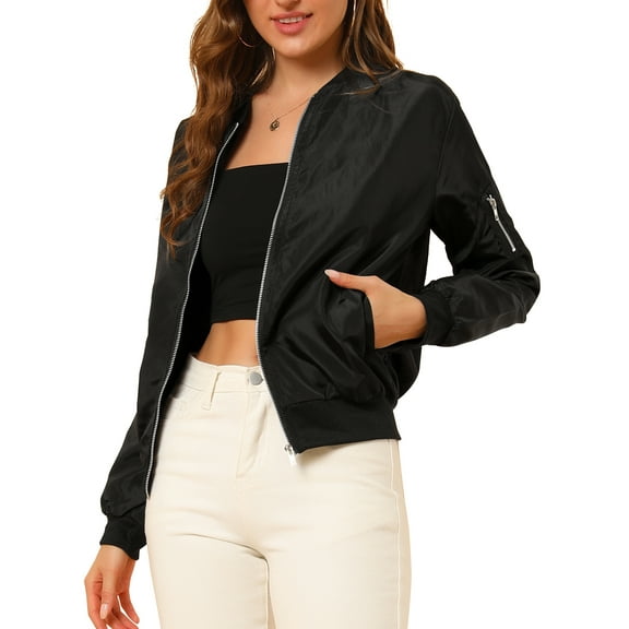 INSPIRE CHIC Women's Coat Casual Zip Up Bomber Jacket Windbreaker Outerwear with Pockets M Black